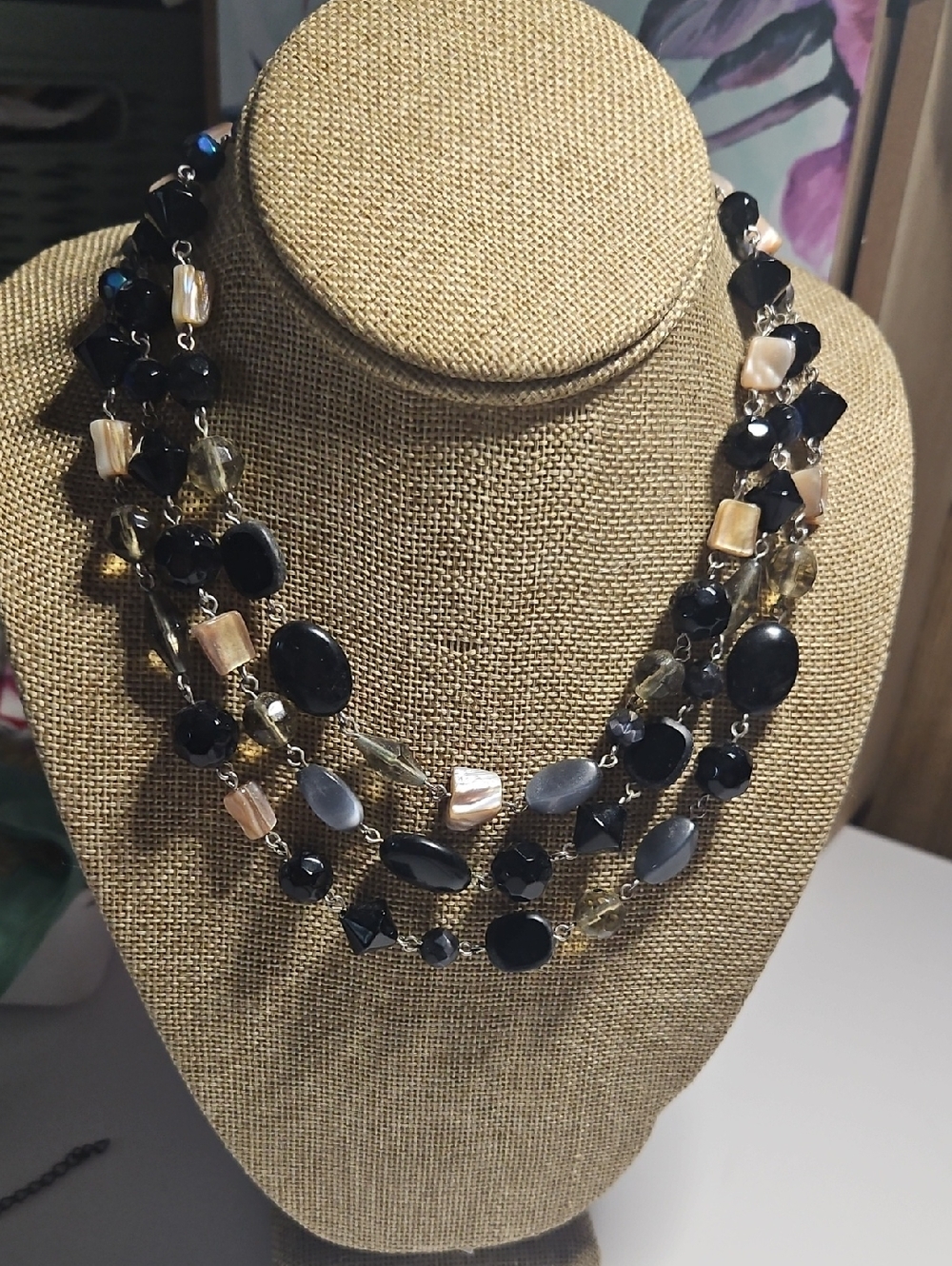 Source Unknown Black and Pearl-Tone Multi-Strand Necklace